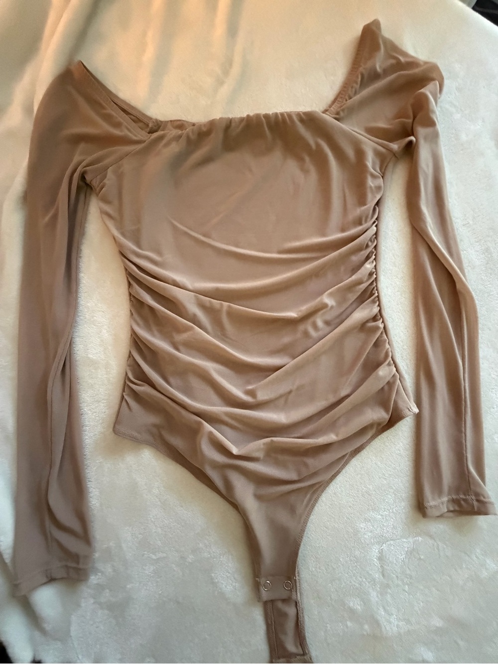 Amazon Women's Taupe Ruched Long Sleeve Bandeau Bodysuit